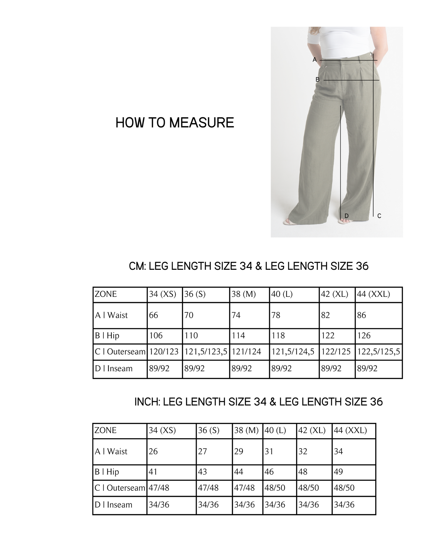 Measurement chart linnen damesbroek met extra lange lengtemaat