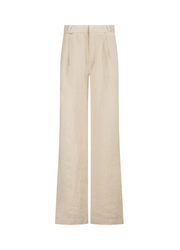 Voorkant zandkleurige linnen damesbroek met extra lange lengtemaat