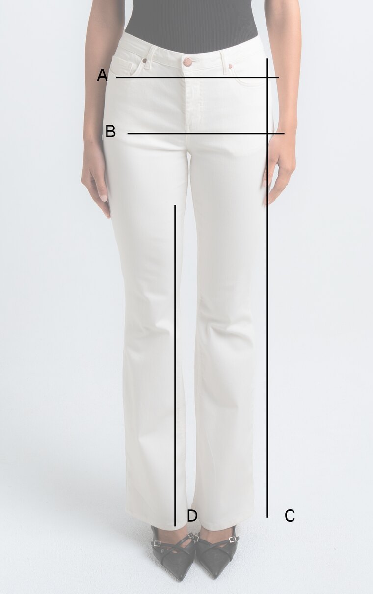 How to measure: A waist, B hip, C outseam, D inseam